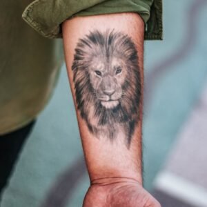 shallow focus photography of lion forearm tattoo